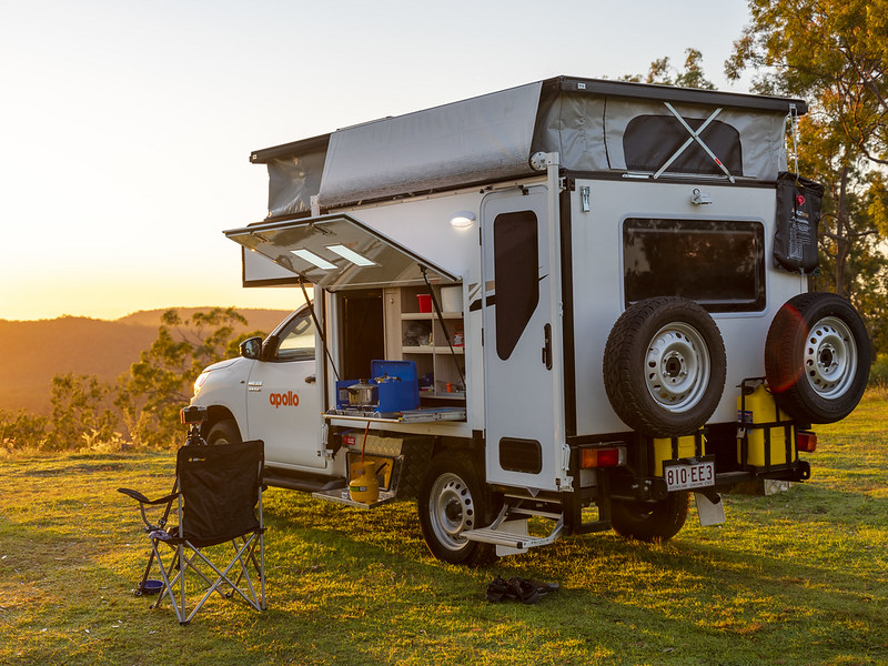 4wd camper parked up with a view at sunset
